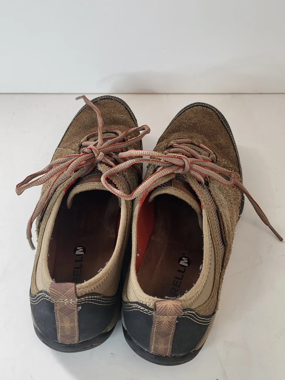Merrell Women's Brown Suede Lace-Up Trail Loafers with Orange-Trim Laces